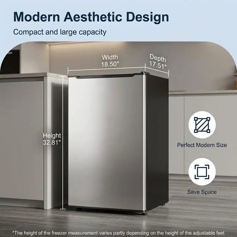 Spare Your Square Footage 3.2 Cubic Foot Upright Freezer In Classic Silver dimensions shown in kitchen setting with width, height, and depth indicated.