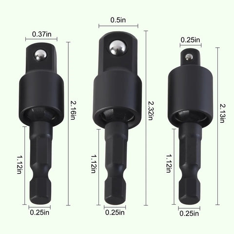 Flexible Drill Bit Extension Kit 17 Piece Set With 360 Degree Rotatable Socket Adapters, dimensions annotated.