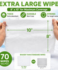 Person holding All Purpose Cleaning Wipes 70 Count Extra Large 8 By 10 Inches Heavy Duty Wipes with size comparison.