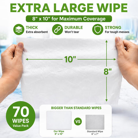 Person holding All Purpose Cleaning Wipes 70 Count Extra Large 8 By 10 Inches Heavy Duty Wipes with size comparison.