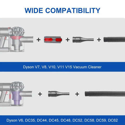 Compatibility of Dyson Dryer Vent Cleaner Kit With Lint Brush And Extension Hose for V6-V15 models with attachments showing.