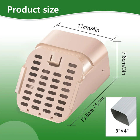 Two Pack Type A Downspout Extenders For 3x4 Inch Gutters With Leaf Guard Easy Install Diverter Outlet Filter Keeps Debris Out And Water Flow Clear Fits Standard Gutter Systems And Downspouts, shown with product dimensions.