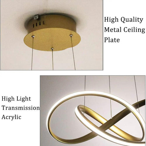 Dimmable Pendant Light With Remote Dope Modern Gold Chandelier LED Lamp ceiling fixture with high-quality metal and acrylic rings.
