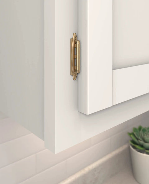 Heavy Duty Steel Cabinet Hinges One Pair 3 8 Inch Knockout Inset Fit For Face Frame Doors Custom Champagne Bronze Finish close-up on cabinet door.