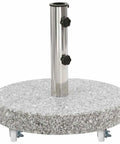 Beefy Round Umbrella Base With Wheels For 1.5 To 1.9 Inch Poles, Granite Plate And Stainless Steel Tube, 66.1 Pound Weight, Gray Patio Parasol Stand With Locking Bolts For Solid Windproof Backyard Shade