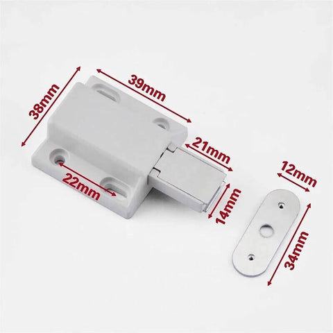 Push Open Cabinet Latch Set 4 Pack Magnetic Door Catch Drawer Closer with dimensions shown for precise installation.