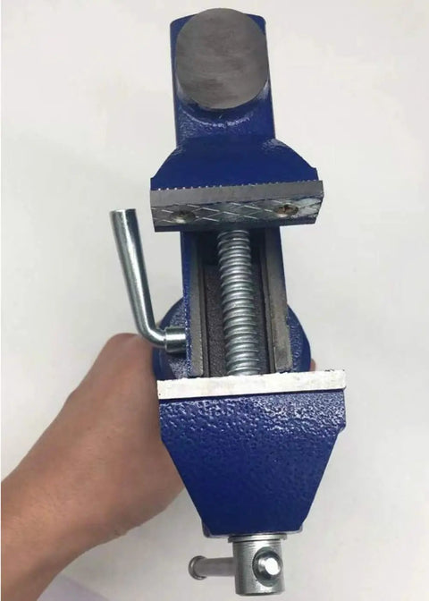 360 Degree Rotating Bench Vise For Woodworking And DIY, 2.5 Inch Cast Iron Table Vise Clamp, Heavy Duty Grip With 0 To 2.5 Inch Jaw Opening, Built Tough For Hobbyists And Makers, blue cast iron vise front view