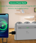Two Way Battery Charging Hub for Neo Drone with phone charging via USB, 3 channel station showing power bank feature in living room