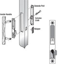 Illustration of keyed sliding glass door handle set for hook style flush mount, showing components and reversible design.