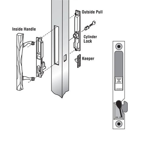 Illustration of keyed sliding glass door handle set for hook style flush mount, showing components and reversible design.