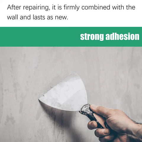 Hand using scraper with Fast Drying Wall Repair Paste With Scraper For All Surfaces Waterproof Crack Resistant Spackle on concrete wall.