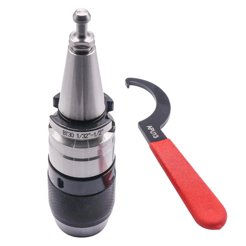 Heavy Duty Self Tightening Keyless Drill Chuck Holder For One Thirty Second To One Half Inch Range With BT30 Integral Shank Includes Spanner Wrench APU13 And BT30 Pull Stud Integrated Design For Quick Change Tooling On CNC Milling Lathe with spanner wrench