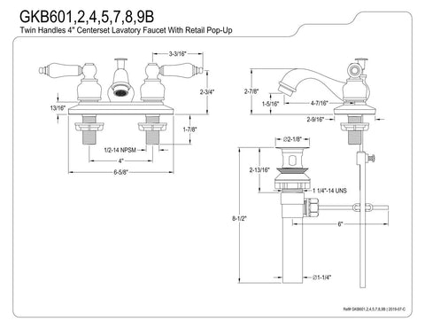 Restoration Lavatory Faucet With Retail Pop Up Polished Brass Finish Solid Brass Construction 1.2 GPM schematic.