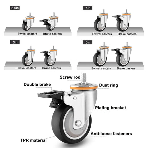 4 Pack Heavy Duty Furniture Caster Wheels With Brakes M10 M12 Threaded swivel and brake casters in 2.5in, 3in, 4in, 5in sizes with TPR material.