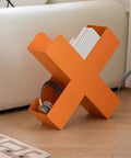 Dope Geometric Iron Floor Bookshelf With Nordic Vibe in orange, holding books and headphones, multi-angle metal organizer display.