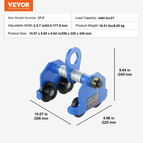 Manual Trolley for I Beams 2 Ton Load Capacity 4400 Lbs Dual Wheels Adjustable 2.5 to 7 Inches Flange Width, blue side view