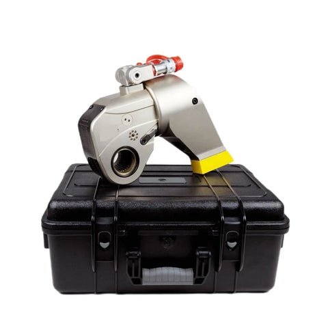 Premium Hydraulic Torque Wrench Featuring 183 To 1837 Nm Torque Range And Square Drive, on a black case.