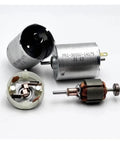 PRI 365SV 14175 Mini 28mm Dual Shaft Electric Motor disassembled with visible components, 2.4mm front knurled shaft, DIY use.