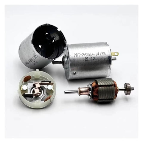 PRI 365SV 14175 Mini 28mm Dual Shaft Electric Motor disassembled with visible components, 2.4mm front knurled shaft, DIY use.