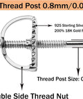 Gold Screw On Earring Backs For 20 Gauge Threaded Posts, 14K Gold Plated Sterling Silver, Hypoallergenic Secure Replacements For Diamond Stud Earrings, Fits.032 In Posts, Includes 2 Pairs. silver threaded back for 0.8mm posts