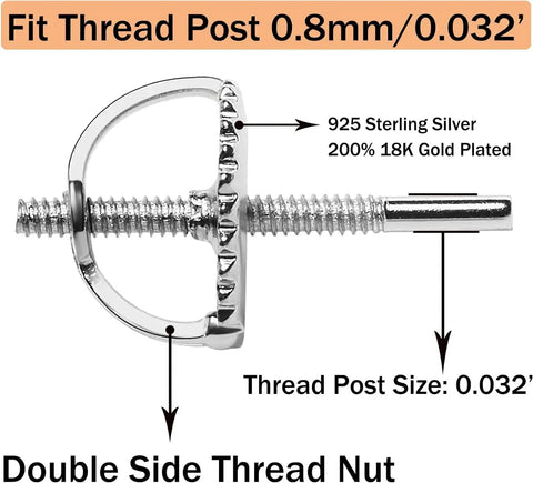 Gold Screw On Earring Backs For 20 Gauge Threaded Posts, 14K Gold Plated Sterling Silver, Hypoallergenic Secure Replacements For Diamond Stud Earrings, Fits.032 In Posts, Includes 2 Pairs. silver threaded back for 0.8mm posts