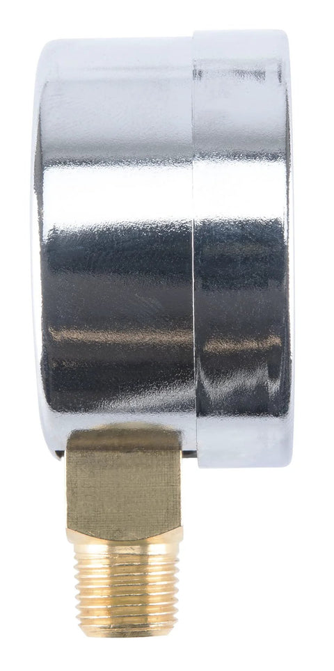 Front view of chrome air gauge with brass threaded connector
