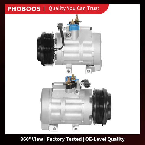 Premium Heavy Duty AC Compressor With Clutch angled view, showing six groove pulley, for Ford Expedition and Lincoln Navigator.