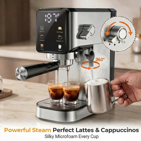 Kitchen MVP 20 Bar Espresso Machine With Built In Milk Frother And Stainless Steel Coffee Maker Featuring 39 Oz Removable Tank And Fast Heat Up For Rich Crema And Smooth Latte Daily brewing espresso with steam wand and dual shots.