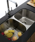 Gourmetier Loft Workhorse Undermount Double Bowl Kitchen Sink 32-1/4 Inch Wide By 18-1/2 Inch Front To Back installed with vegetables.