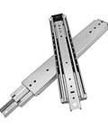 Premium Ball Bearing Drawer Slides With Slick Full Extension And A Badass 500 Pound Load Rating For Kitchen Cabinets And Workshop Storage Measuring Thirty Six Inches Long, showing chrome metal slides.