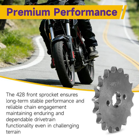 Front 428 Sprocket 17 Tooth 17mm for 50cc to 160cc pit dirt bikes ATV quad replacement part shown in performance riding context