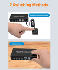 Hassle Free 4 Port KVM Switch With 4K 60Hz Video Sharing And Dual Computer Control showing two switching methods on a desk.