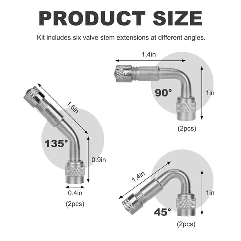 Six Pack Valve Stem Extenders Universal Tire Valve Extensions 45 Degree 90 Degree 135 Degree Angles For Cars, Motorcycles, And Scooters Copper Nickel Plated Adapters, Corrosion Resistant Car Accessories product size chart with three valve stem extenders at different angles.