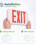 Installation guide for Red LED Exit Sign With Battery Backup For Businesses UL Certified Best Bet Exit Light Easy To Install 120 277V AC Fire Resistant Thermoplastic Housing Pack Of 4, showing ceiling and wall mount options.