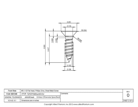 Technical drawing of Titanium Sheet Metal Screw Pack Of 25, No. 6 By One Half Inch Flat Head Phillips Drive, Grade 2 CP Titanium.