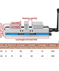 Heavy Duty Machine Vise Featuring Rock Solid Flat Nose Jaws Six Inch Double Opening Bench Clamp delivering dimensions and specifications.