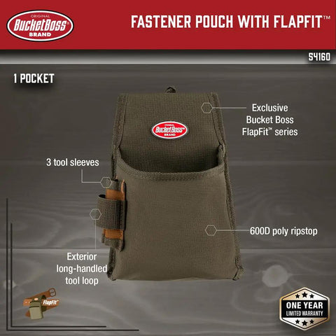 Fastener Tool Pouch With FlapFit Series 2 Exterior Long Handled Tool Loop Brown Green Heavy Duty Worksite Organizer