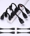 Outlet Saver Power Extension Cord 16 AWG 3 Prong 8 Inch Black 10 Pack ETL Listed in use with a power strip, showing flexibility and space saving.