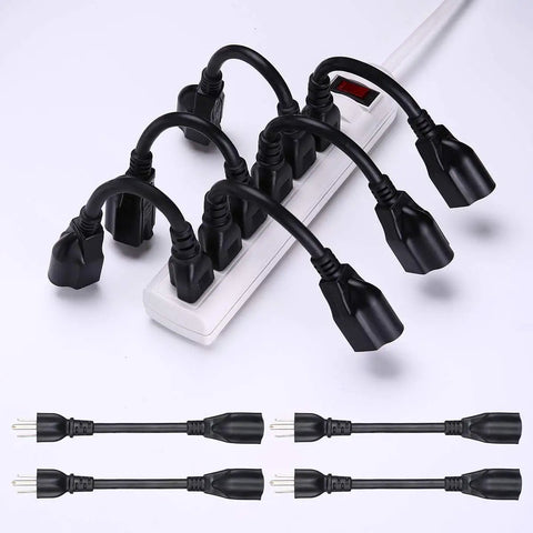 Outlet Saver Power Extension Cord 16 AWG 3 Prong 8 Inch Black 10 Pack ETL Listed in use with a power strip, showing flexibility and space saving.