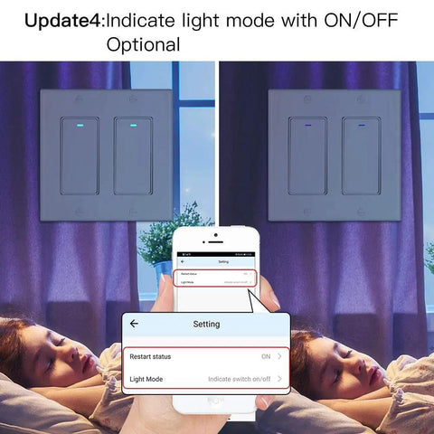 WiFi Wall Push Button Smart Light Switch 2 Gang With Neutral Wire Required 2.4GHz Only Remote Control Via Smart Life Tuya Works With Alexa And Google Home Easy Setup And Dope Multi Control For One Light showing app interface on phone