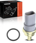 A-Premium engine coolant temperature sensor with gray plastic body and brass base, front view with O-ring and packaging box.
