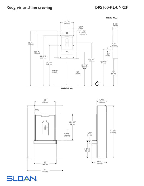Technical drawing of DropSpot Wall Mounted Water Bottle Filling Station With Filtered Non Refrigerated Design And Touch Free Sensor