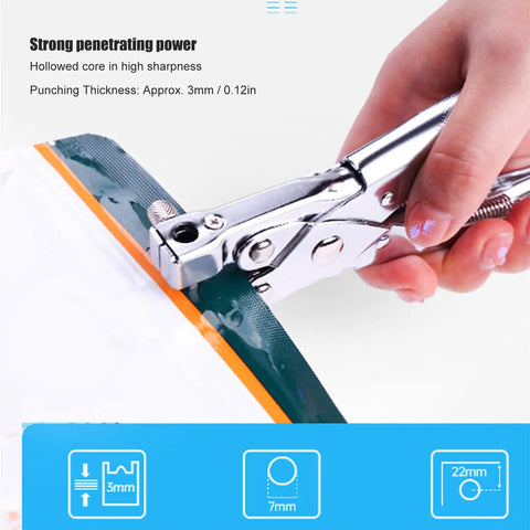 7mm Single Hole Punch for Paper Plastic Bags OPP PVC Bags Photos Cardboard Easy to Use shown punching a bag
