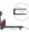 Tory Carrier Electric Pallet Truck 4400lb Capacity With 48 By 27 Inch Forks Big Li-ion Battery Heavy Duty Jack For Warehouse And Industrial Use Smooth Operation Overload Protection Easy Handling In Red with fork dimensions.