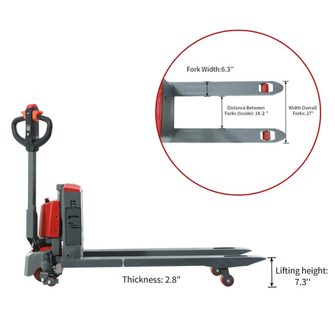 Tory Carrier Electric Pallet Truck 4400lb Capacity With 48 By 27 Inch Forks Big Li-ion Battery Heavy Duty Jack For Warehouse And Industrial Use Smooth Operation Overload Protection Easy Handling In Red with fork dimensions.