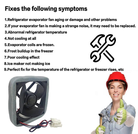 Upgraded OEM Refrigerator Evaporator Fan Motor displayed with symptoms description and woman holding a tool