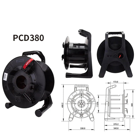 Rock Solid Polymer Cable Reel For Optical Fiber Management Heavy Duty Portable Spool with 8 holes, showing dimensions and design.