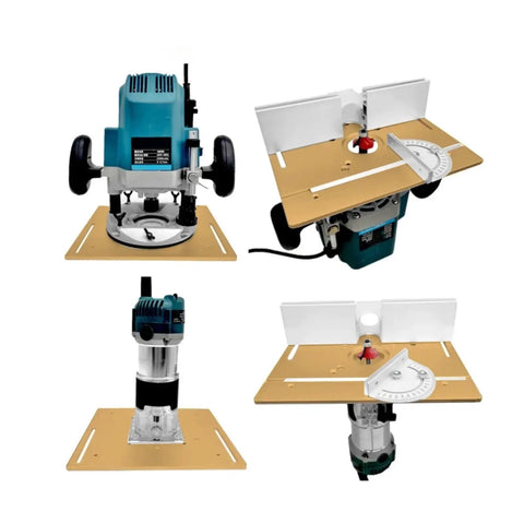 Premium Aluminum Router Table Insert Plate With Center Hole Bushing For Dead On Woodworking Trimmer mounting from various angles.