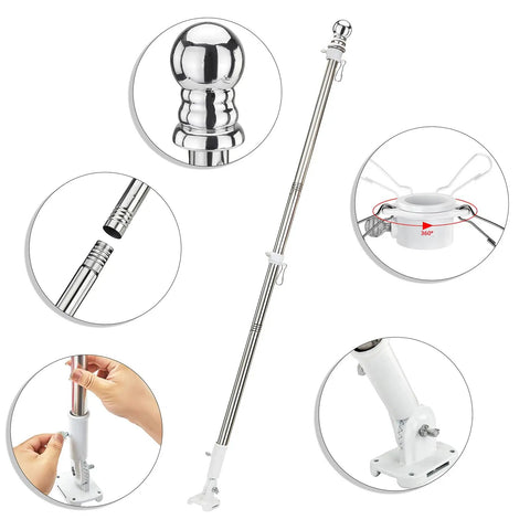 4 Ft Pro Grade Stainless Dive Flag Pole Kit With 1 Inch Tangle Free Pole, 360 Degree Rings, Adjustable 180 Degree Bracket, Includes Regulation Dive Flag For Scuba, Spearfishing, And Freediving showing components and assembly