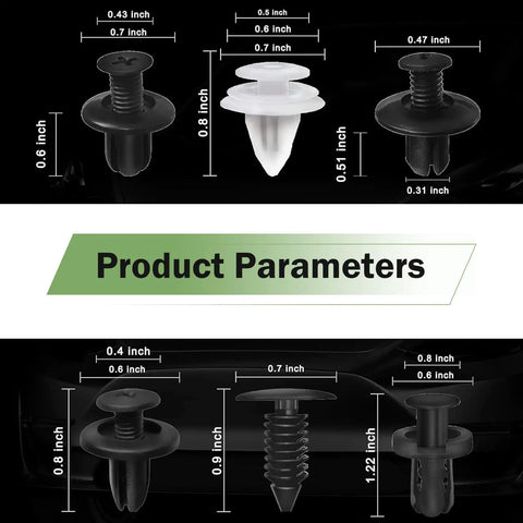 Dimensional chart for 100 Pcs Car Rivets Fasteners Kit With Multi Size Bumper Retainer Clips And 6 Inch Removal Tool